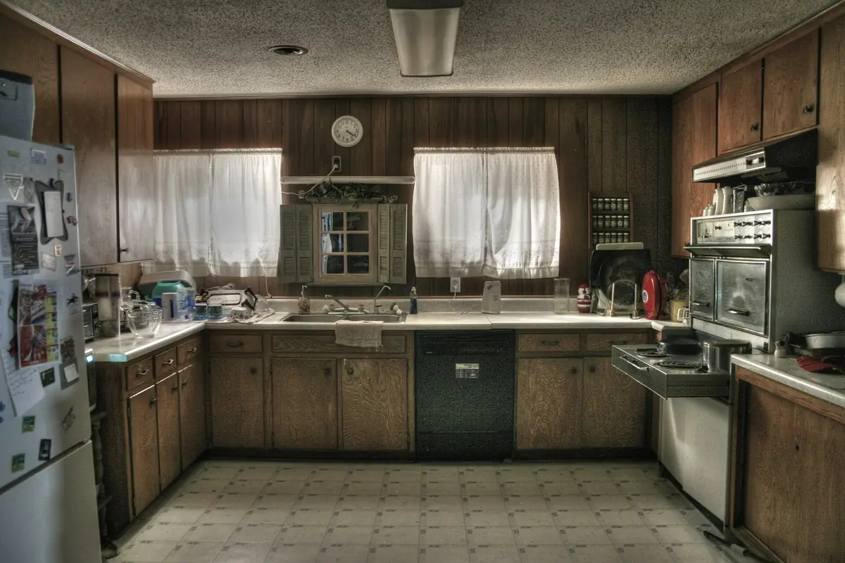 A 1970s kitchen in an American tract house with stained slab front cabinets and a wood panelled wall, the kind of kitchen common in Riverside CA